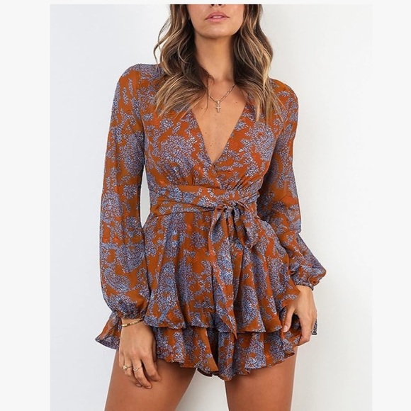 Relipop Womens Floral Print Romper Ruffle Hem Romper - Picture 1 of 11